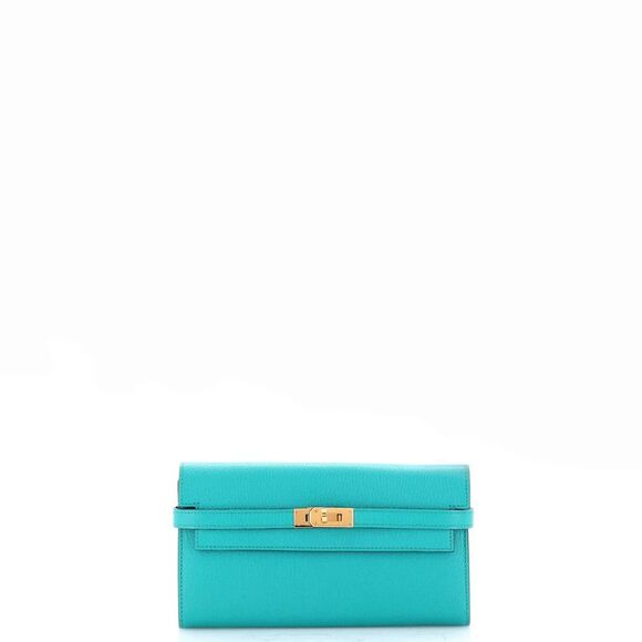 Hermes Kelly Wallet Chevre Mysore Long Blue - Picture 1 of 8
